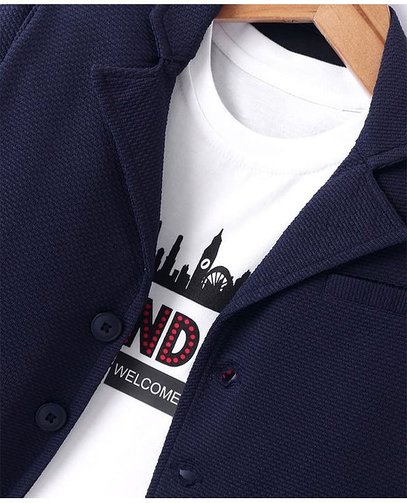 Babyhug Woven Full Sleeves Solid Blazer with T-Shirt - Navy Blue