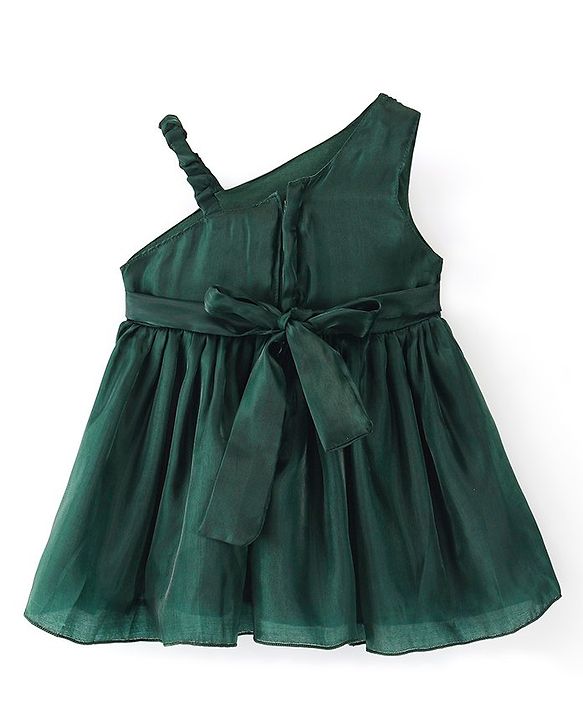 Babyhug Sleeveless Solid Colour with Floral Applique Organza Party Frock - Bottle Green