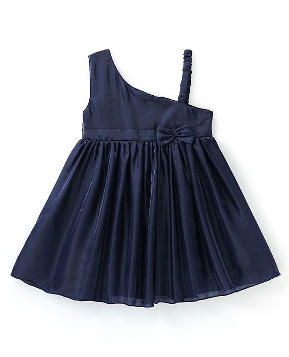 Babyhug Woven Sleeveless Solid Color Organza Party Frock with Bow - Navy Blue