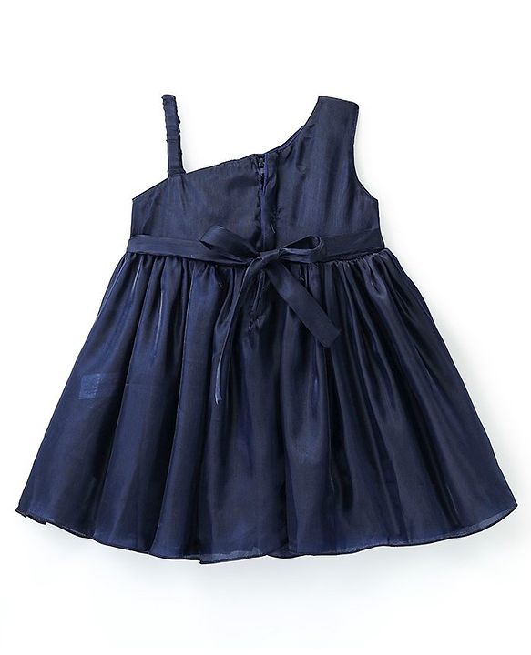 Babyhug Woven Sleeveless Solid Color Organza Party Frock with Bow - Navy Blue