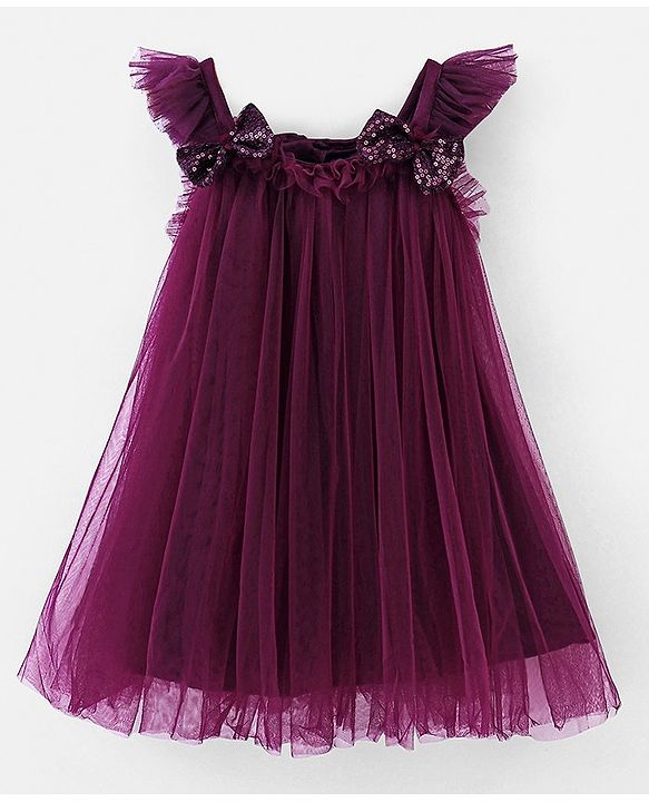 Babyhug Sleeveless A Line Mesh Party Frock With Bow Applique - Aubergine