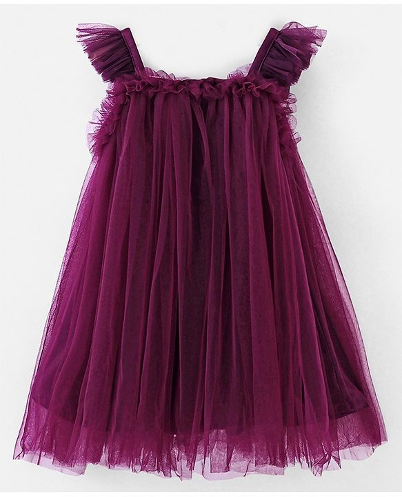 Babyhug Sleeveless A Line Mesh Party Frock With Bow Applique - Aubergine