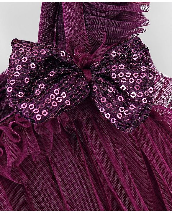 Babyhug Sleeveless A Line Mesh Party Frock With Bow Applique - Aubergine