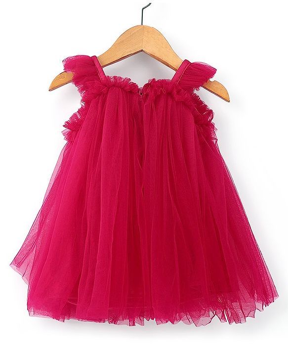Babyhug Sleeveless Bow with Sequins Detailing Aline Mesh Party Frock - Dark Pink