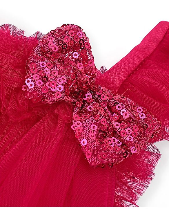 Babyhug Sleeveless Bow with Sequins Detailing Aline Mesh Party Frock - Dark Pink