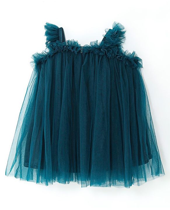 Babyhug Singlet Sleeves Mesh & Bow Detailing A-Line Party Frock - Teal Blue