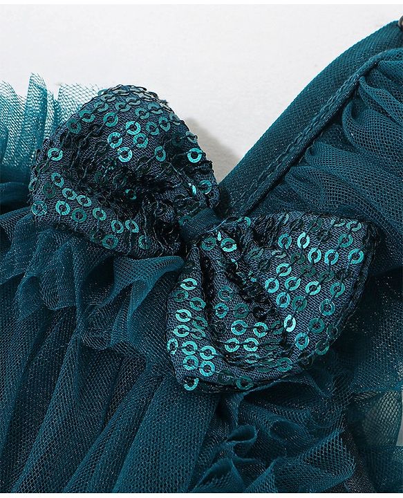 Babyhug Singlet Sleeves Mesh & Bow Detailing A-Line Party Frock - Teal Blue