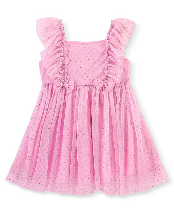 Babyhug Woven Sleeveless Party Frock Sequinned Detailing with Bow Applique - Pink