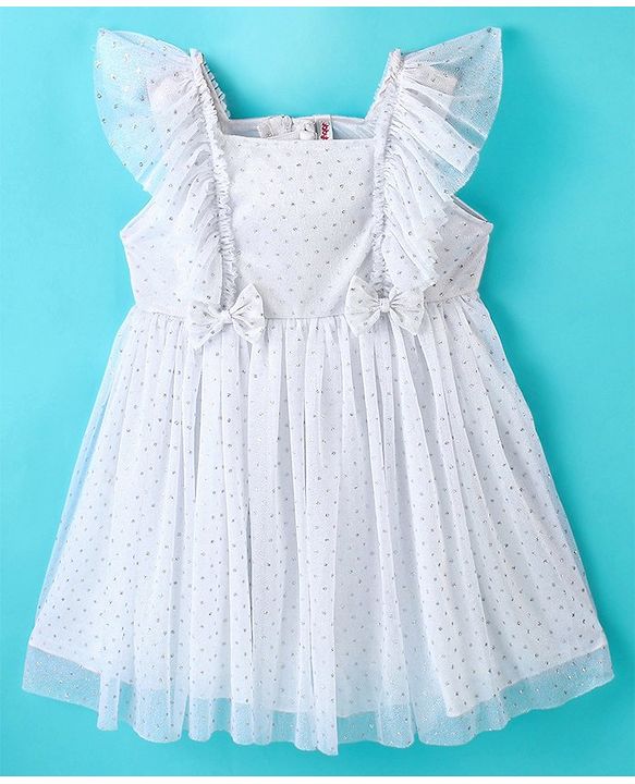 Babyhug Woven Frill Sleeves Party Dress with Sequin & Bow Detailing - White