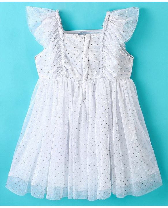 Babyhug Woven Frill Sleeves Party Dress with Sequin & Bow Detailing - White