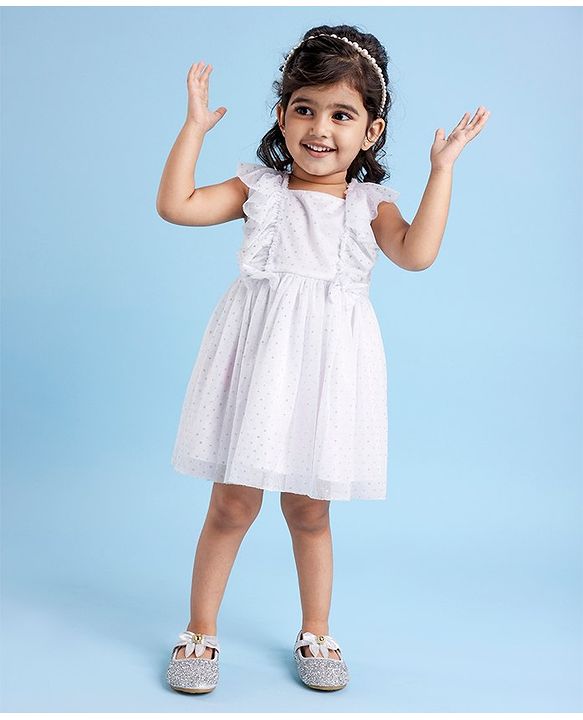 Babyhug Woven Frill Sleeves Party Dress with Sequin & Bow Detailing - White