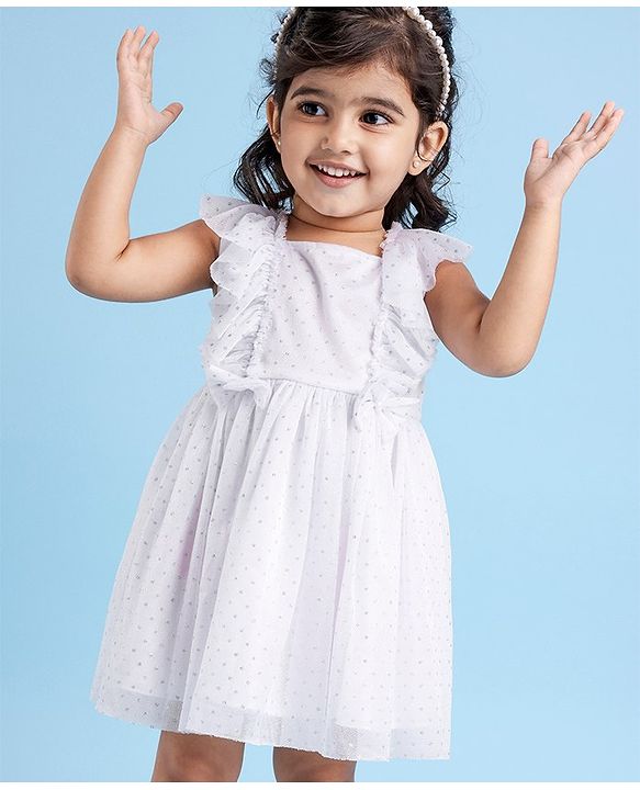 Babyhug Woven Frill Sleeves Party Dress with Sequin & Bow Detailing - White
