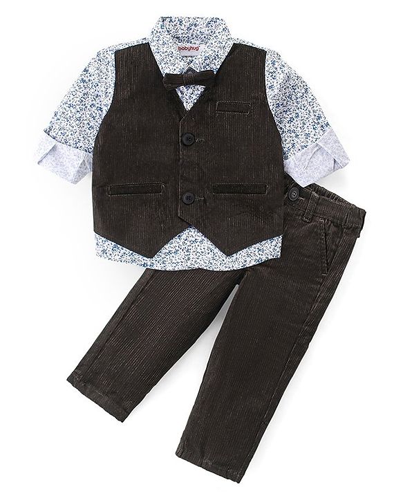 Babyhug Woven Full Sleeves Shirt with Attached Corduroy Waist Coat & Trouser Set - Olive Green