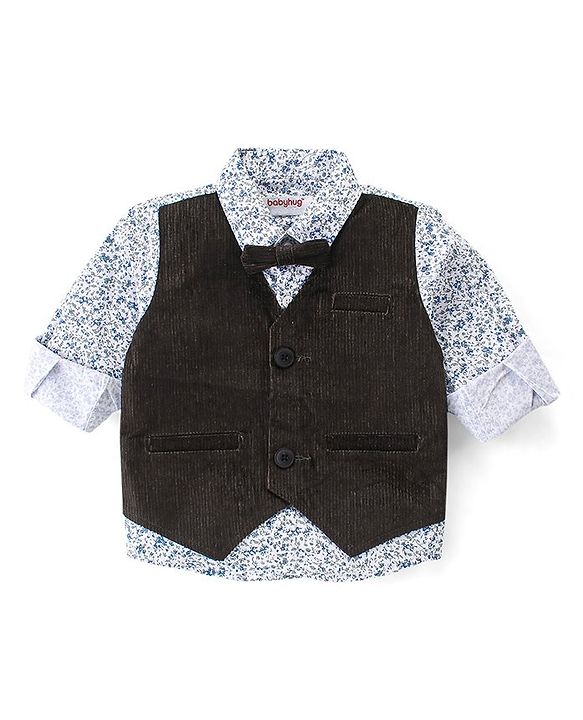 Babyhug Woven Full Sleeves Shirt with Attached Corduroy Waist Coat & Trouser Set - Olive Green