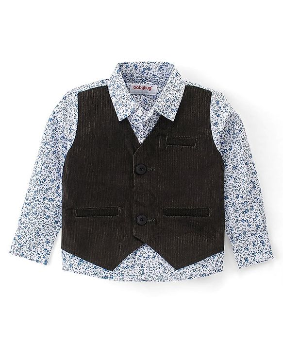 Babyhug Woven Full Sleeves Shirt with Attached Corduroy Waist Coat & Trouser Set - Olive Green