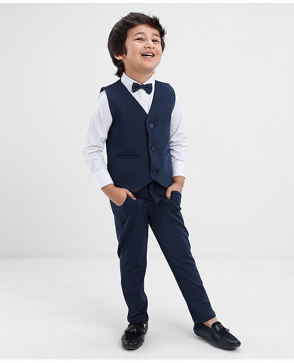 Babyhug Full Sleeves Dot Print Party Suit- White & Navy Blue
