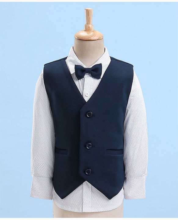 Babyhug Full Sleeves Dot Print Party Suit- White & Navy Blue