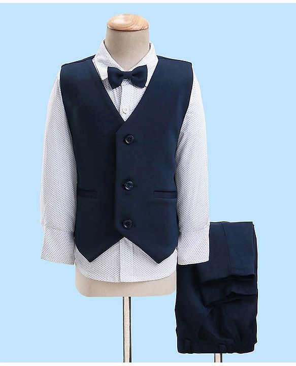 Babyhug Full Sleeves Dot Print Party Suit- White & Navy Blue
