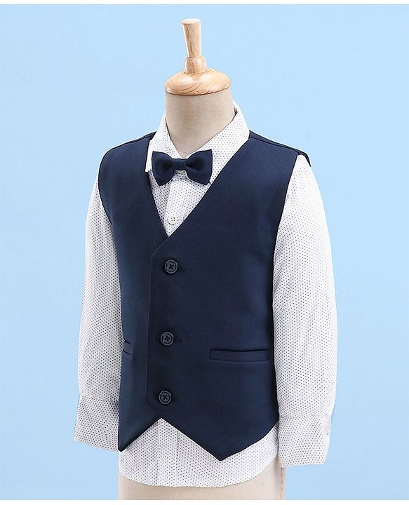 Babyhug Full Sleeves Dot Print Party Suit- White & Navy Blue