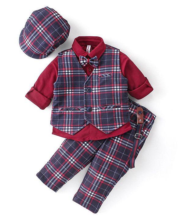 Babyhug Woven Full Sleeves Checkered Party Suit with Cap Bow Tie & Suspenders - Red & Navy Blue