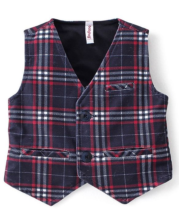 Babyhug Woven Full Sleeves Checkered Party Suit with Cap Bow Tie & Suspenders - Red & Navy Blue
