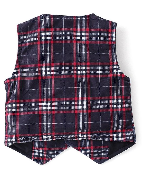 Babyhug Woven Full Sleeves Checkered Party Suit with Cap Bow Tie & Suspenders - Red & Navy Blue