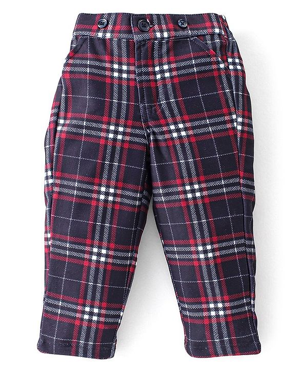 Babyhug Woven Full Sleeves Checkered Party Suit with Cap Bow Tie & Suspenders - Red & Navy Blue