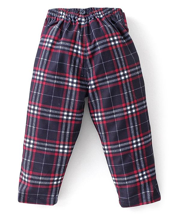 Babyhug Woven Full Sleeves Checkered Party Suit with Cap Bow Tie & Suspenders - Red & Navy Blue