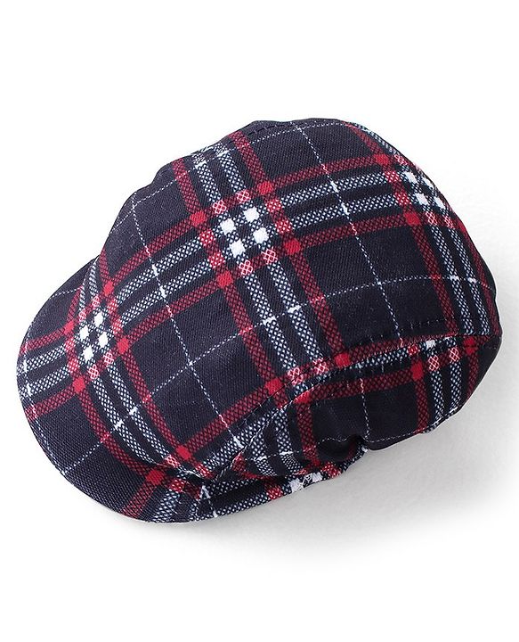 Babyhug Woven Full Sleeves Checkered Party Suit with Cap Bow Tie & Suspenders - Red & Navy Blue