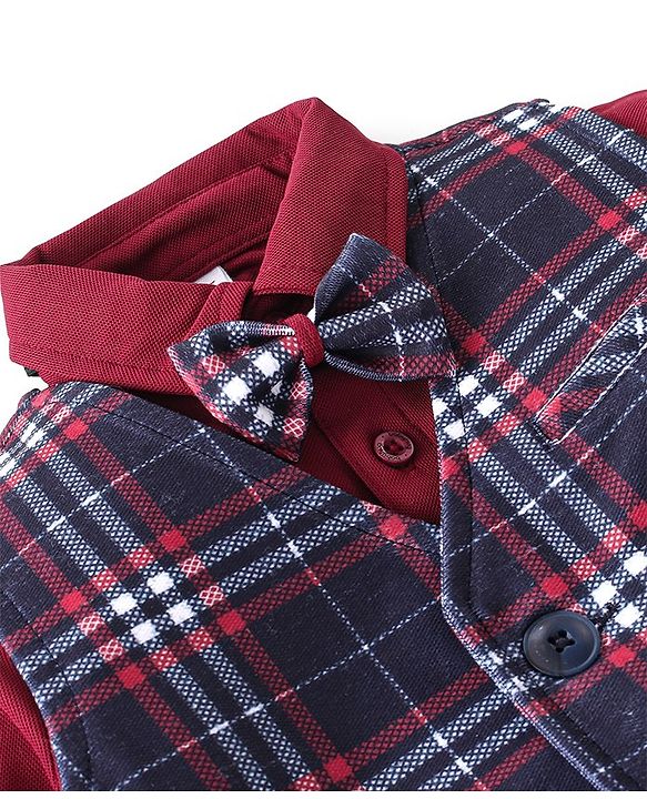 Babyhug Woven Full Sleeves Checkered Party Suit with Cap Bow Tie & Suspenders - Red & Navy Blue