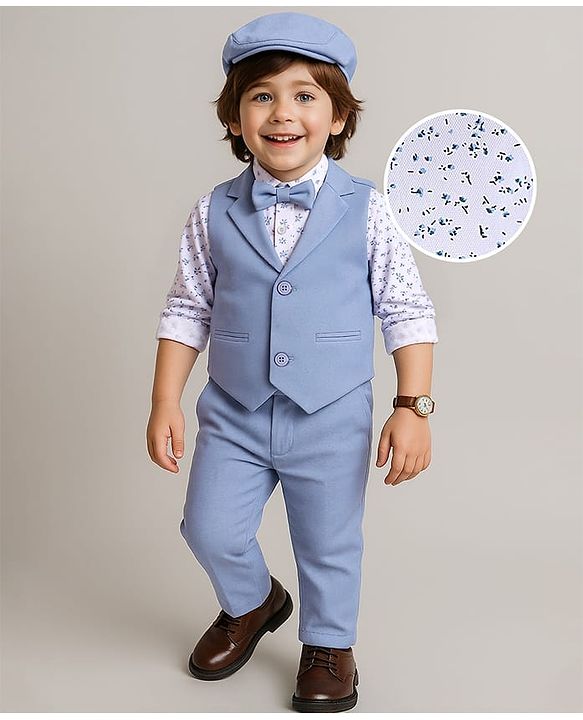 Babyhug Woven Full Sleeves Floral Print Party Suit with Bow & Cap - Ice Blue & White