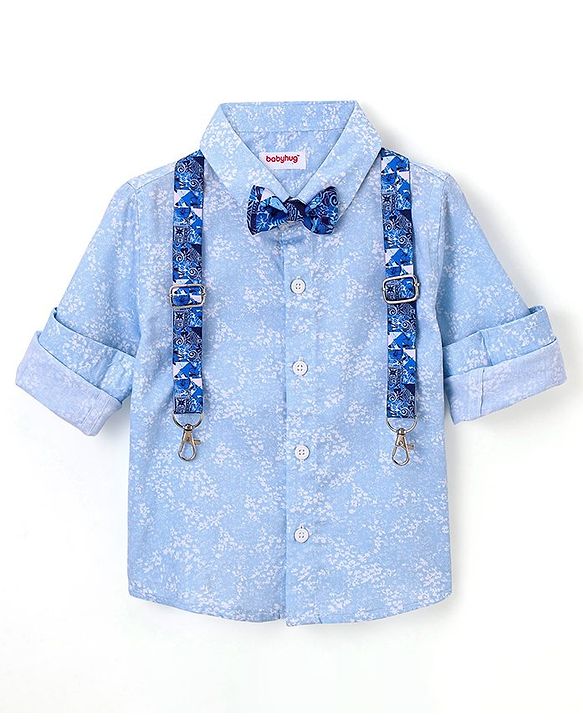 Babyhug Full Sleeves Party Wear Shirt with Bow & Suspender Floral Print - Blue
