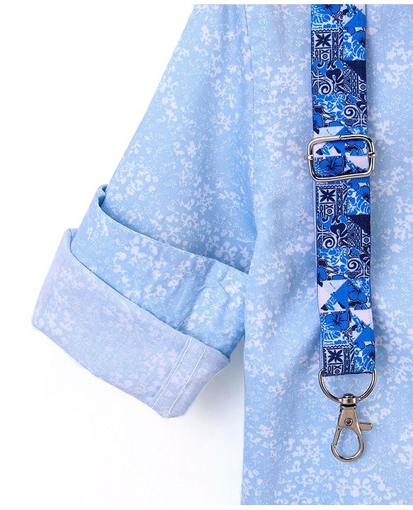 Babyhug Full Sleeves Party Wear Shirt with Bow & Suspender Floral Print - Blue