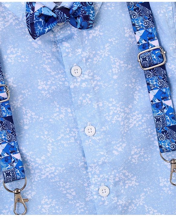 Babyhug Full Sleeves Party Wear Shirt with Bow & Suspender Floral Print - Blue