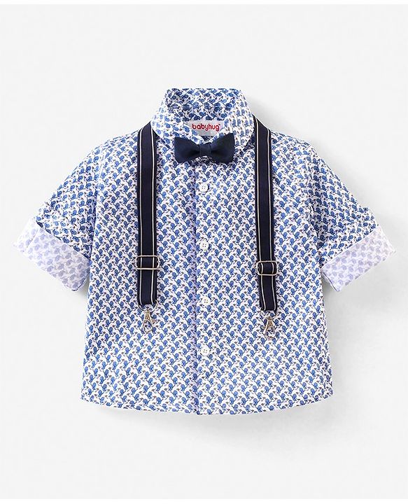 Babyhug Full Sleeves Party Shirt with Bow & Suspender Bird Print - Blue