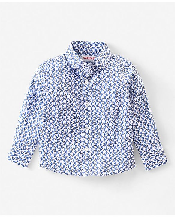 Babyhug Full Sleeves Party Shirt with Bow & Suspender Bird Print - Blue