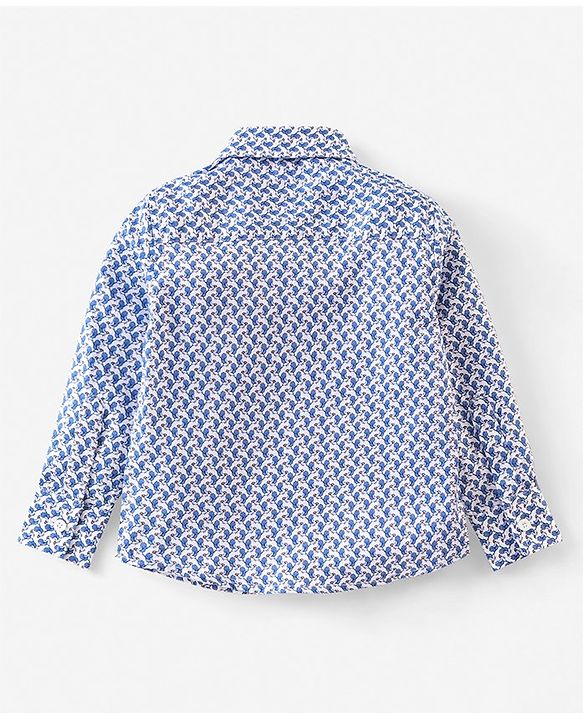 Babyhug Full Sleeves Party Shirt with Bow & Suspender Bird Print - Blue