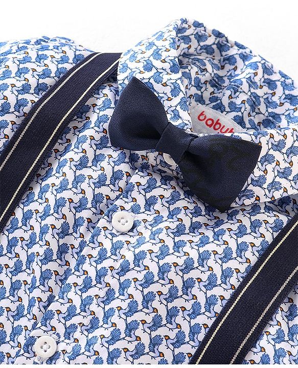Babyhug Full Sleeves Party Shirt with Bow & Suspender Bird Print - Blue
