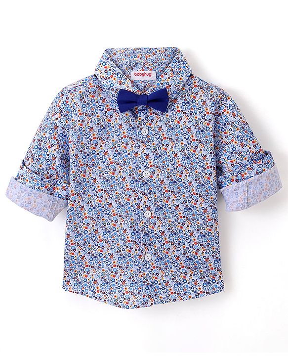 Babyhug Full Sleeves Party Wear Shirt with Bow Floral Print - Blue