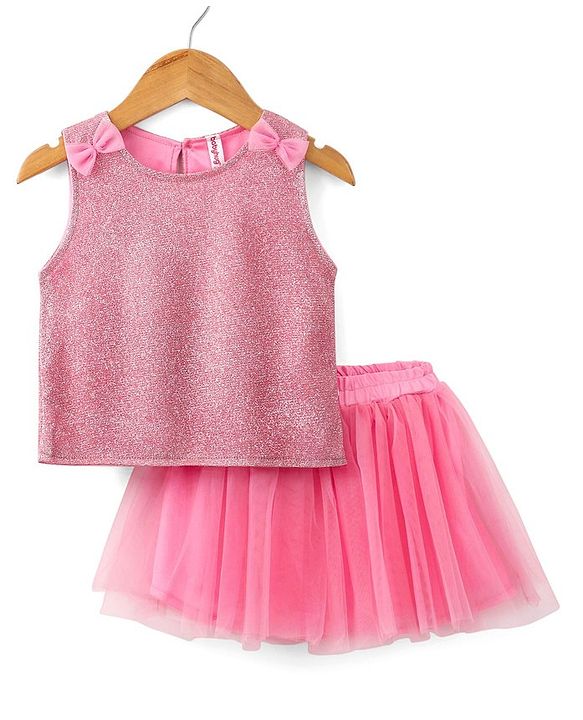 Babyhug Sleeveless Party Wear Skirt & Top Set With Bow Applique - Pink