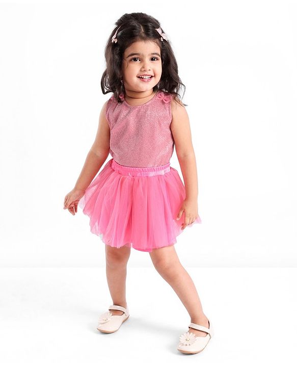 Babyhug Sleeveless Party Wear Skirt & Top Set With Bow Applique - Pink