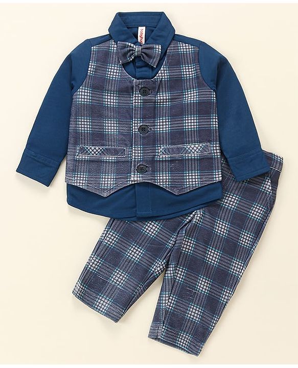 Babyhug Cotton Full Sleeves Party Wear Suit With Blazer Checkered - Navy Blue