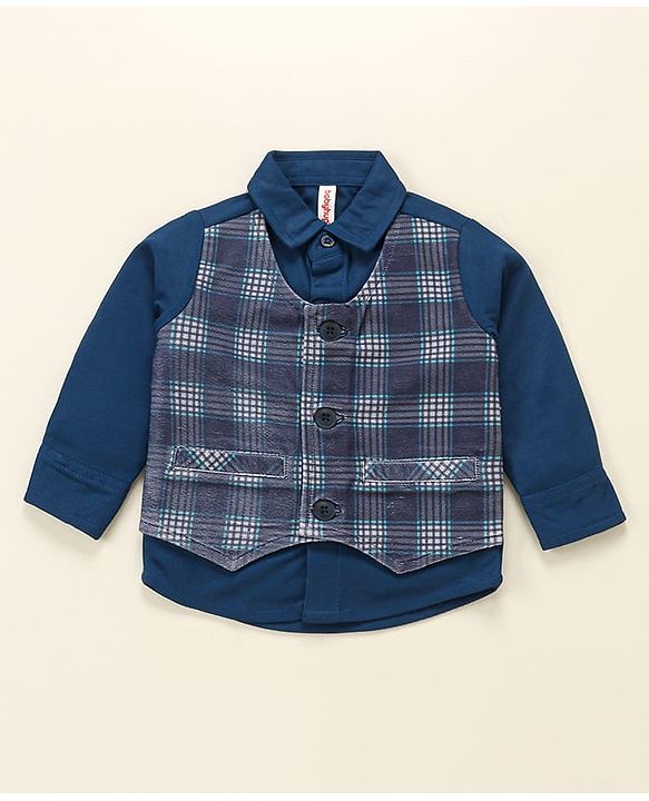 Babyhug Cotton Full Sleeves Party Wear Suit With Blazer Checkered - Navy Blue