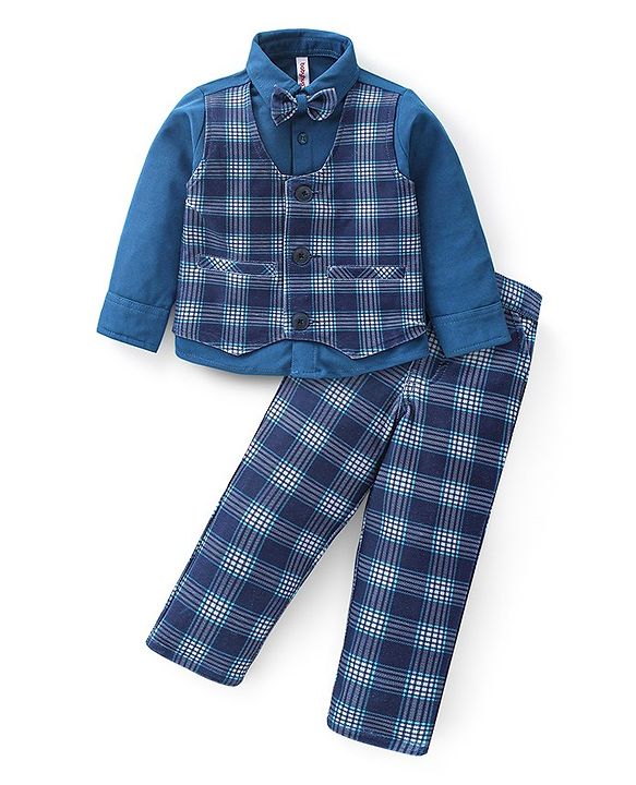Babyhug Cotton Full Sleeves Party Wear Suit With Blazer Checkered - Navy Blue