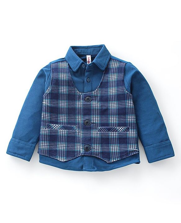 Babyhug Cotton Full Sleeves Party Wear Suit With Blazer Checkered - Navy Blue