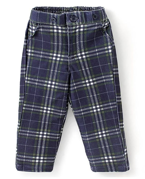 Babyhug Full Sleeves Solid Colour Shirt with Checks Trouser Cap Bow & Suspenders Set - Green & Navy Blue