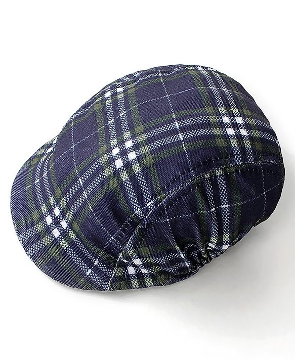 Babyhug Full Sleeves Solid Colour Shirt with Checks Trouser Cap Bow & Suspenders Set - Green & Navy Blue
