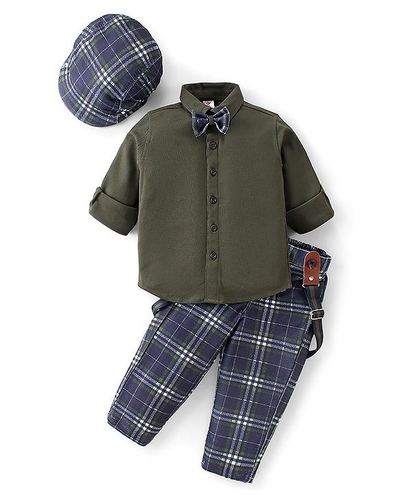 Babyhug Full Sleeves Solid Colour Shirt with Checks Trouser Cap Bow & Suspenders Set - Green & Navy Blue