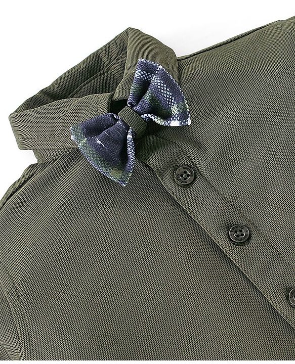 Babyhug Full Sleeves Solid Colour Shirt with Checks Trouser Cap Bow & Suspenders Set - Green & Navy Blue