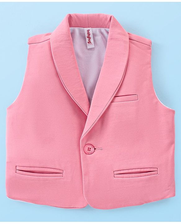 Babyhug Knit Full Sleeves Solid Color Party Suit with Stretch Waistcoat & Cap -  Pink & White